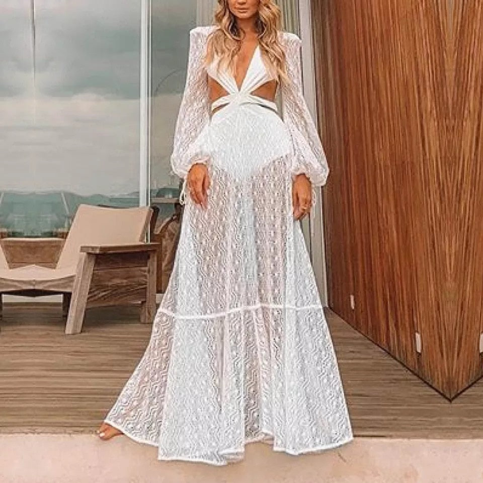 Townlike Deep V Mesh Perspective Sexy Dress Women White Elegant Summer Dress Hollow Out Long Sleeve Club Party Dresses