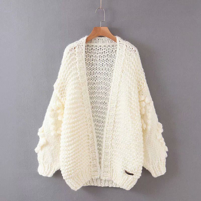 Jastie Winter Fashion Women's Cardigans Strawberry Pattern Single-Breasted V-Neck Puff Sleeve Loose Sweater кардиган