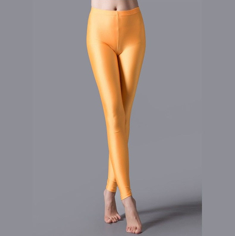 Gbolsos Women Solid Color Pants Leggings Shinny Elasticity Casual Trousers Fluorescent Spandex Candy Ankle-Length Knitted Bottom
