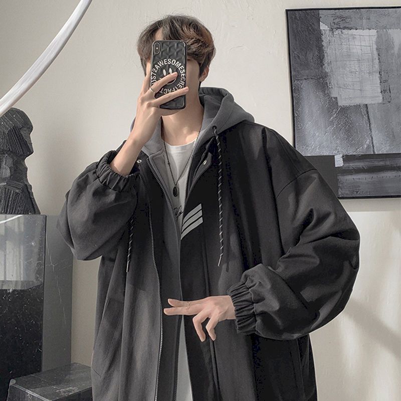 GbolsosOversized hooded jacket 2021 spring autumn new coat fake two-piece jacket men's trend loose cool high street baseball uniform