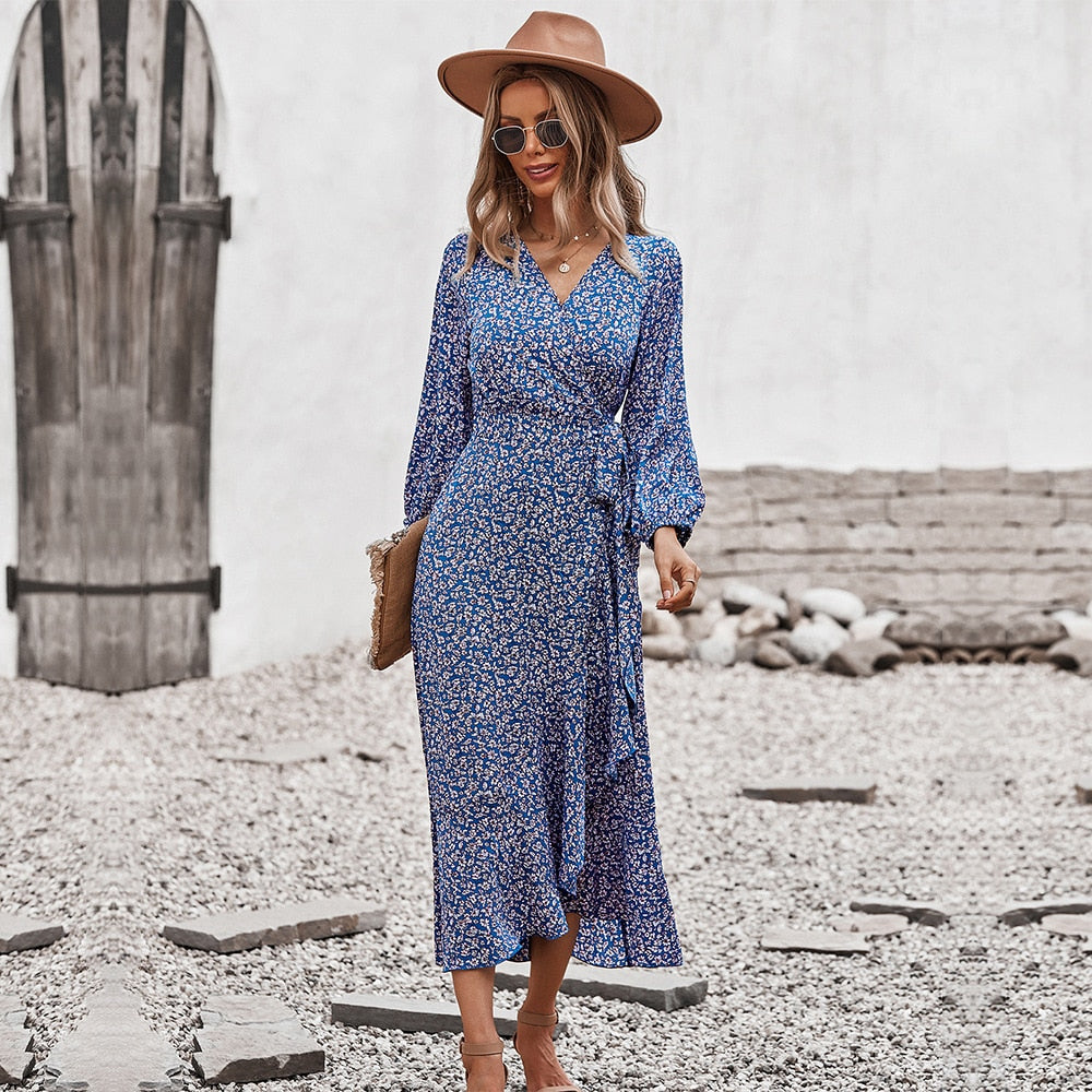 Spring Autumn Long Bandage Print Dress For Women New V Neck Full Sleeve Hight Waist Winter Maxi Dresses Ladies Elegant