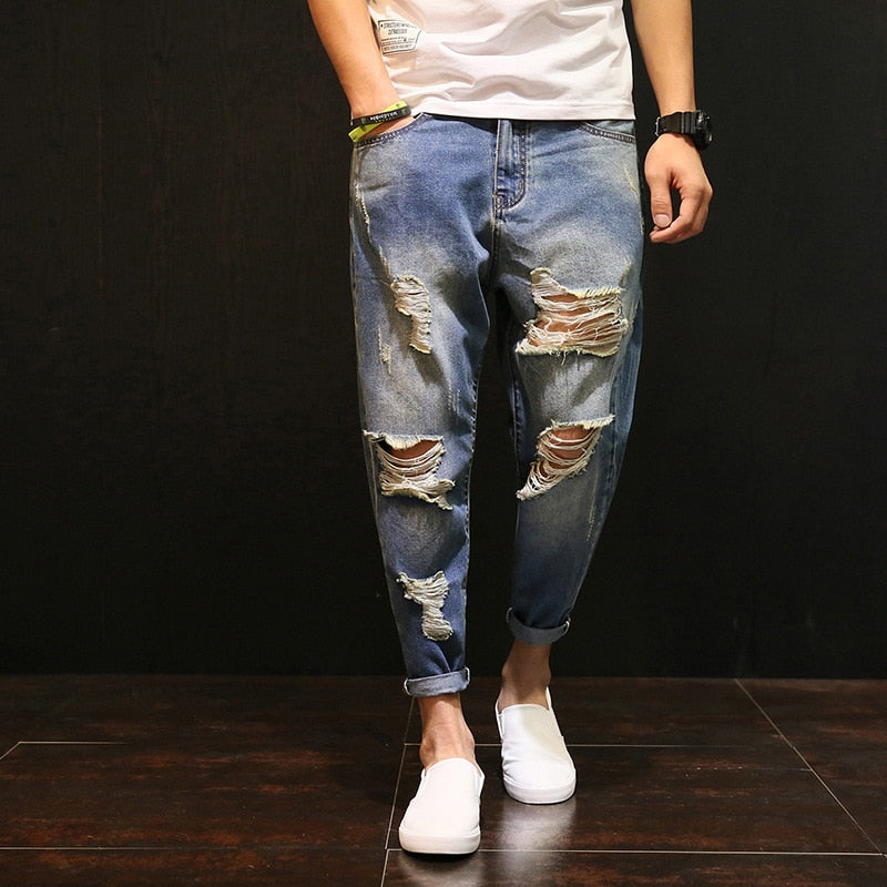 Gbolsos Men Baggy Ripped hole denim pants Male Distressed Harem Jeans Oversize 42 Hip Hop Cropped jean pants Do old Style Joggers A60504