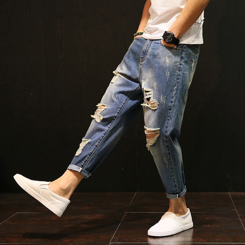 Gbolsos Men Baggy Ripped hole denim pants Male Distressed Harem Jeans Oversize 42 Hip Hop Cropped jean pants Do old Style Joggers A60504