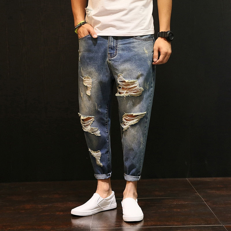 Gbolsos Men Baggy Ripped hole denim pants Male Distressed Harem Jeans Oversize 42 Hip Hop Cropped jean pants Do old Style Joggers A60504