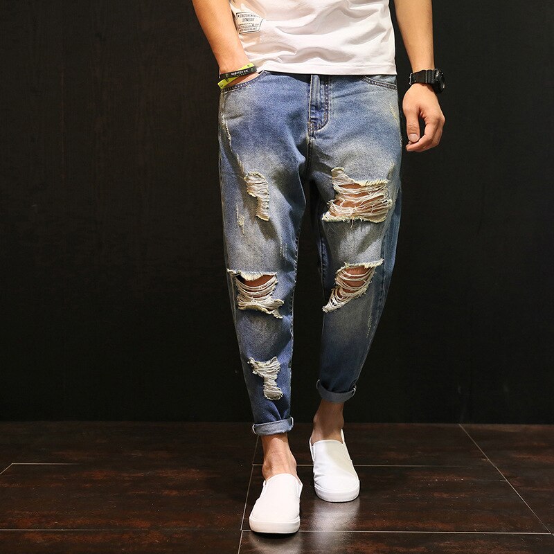Gbolsos Men Baggy Ripped hole denim pants Male Distressed Harem Jeans Oversize 42 Hip Hop Cropped jean pants Do old Style Joggers A60504