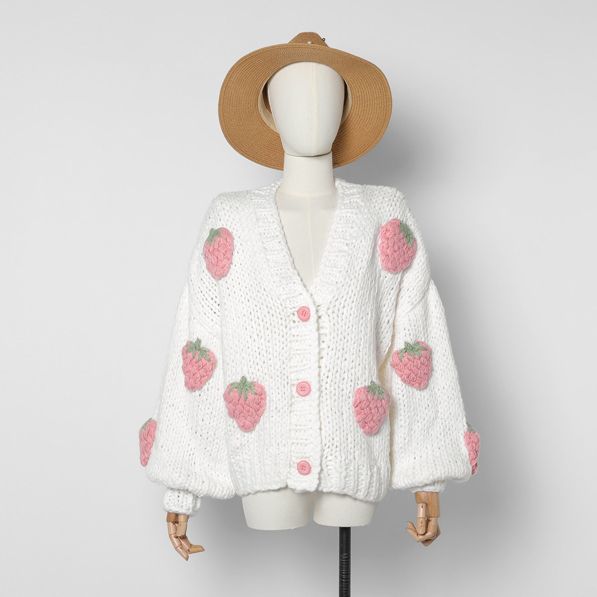 Jastie Winter Fashion Women's Cardigans Strawberry Pattern Single-Breasted V-Neck Puff Sleeve Loose Sweater кардиган