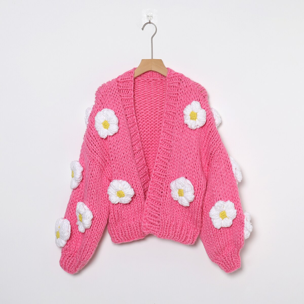 Jastie Winter Fashion Women's Cardigans Strawberry Pattern Single-Breasted V-Neck Puff Sleeve Loose Sweater кардиган