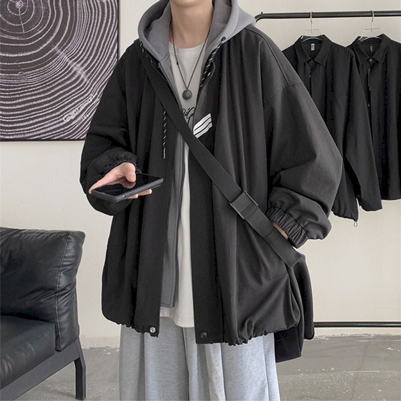 GbolsosOversized hooded jacket 2021 spring autumn new coat fake two-piece jacket men's trend loose cool high street baseball uniform