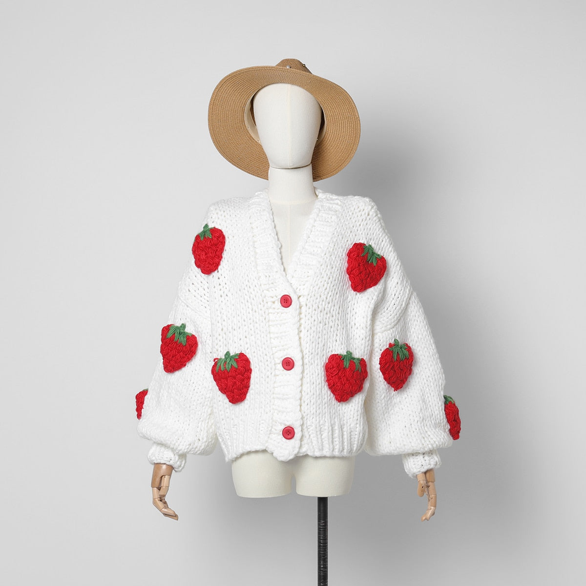 Jastie Winter Fashion Women's Cardigans Strawberry Pattern Single-Breasted V-Neck Puff Sleeve Loose Sweater кардиган