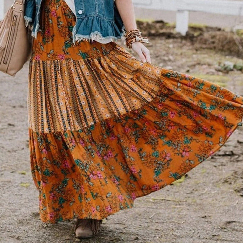 Summer Long Patchwork Print A-Line Skirt Floral Skirt Women Casual Beach Faldas Female Boho Elastic Waist Holiday Maxi Skirts
