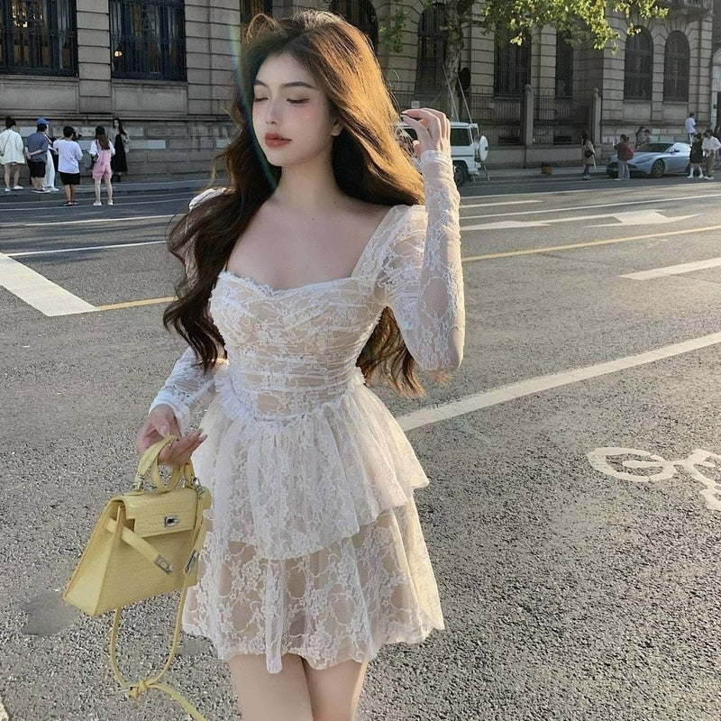 French Sweet Lace Fairy Dress Women Sexy Slim Korean Party Vintage Dress Elegant Princess Long Sleeve Ruffles Retro Dresses