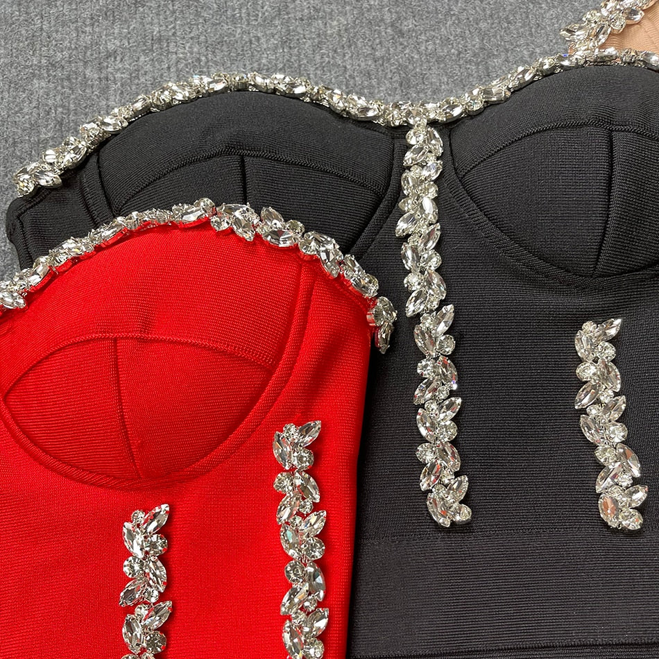 Gbolsos Sexy Strapless Women Dress Bandage Bodycon New Elegant Beading Party Evening Club Midi Dresses Summer Autumn Clothes