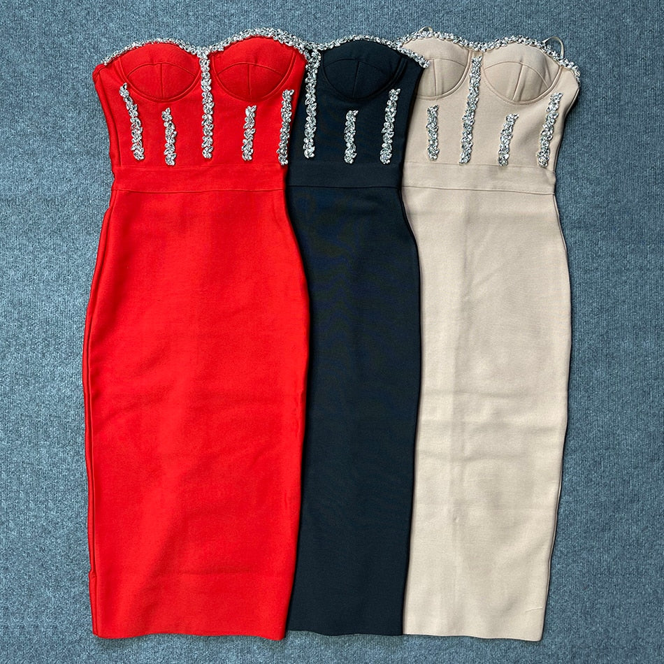 Gbolsos Sexy Strapless Women Dress Bandage Bodycon New Elegant Beading Party Evening Club Midi Dresses Summer Autumn Clothes