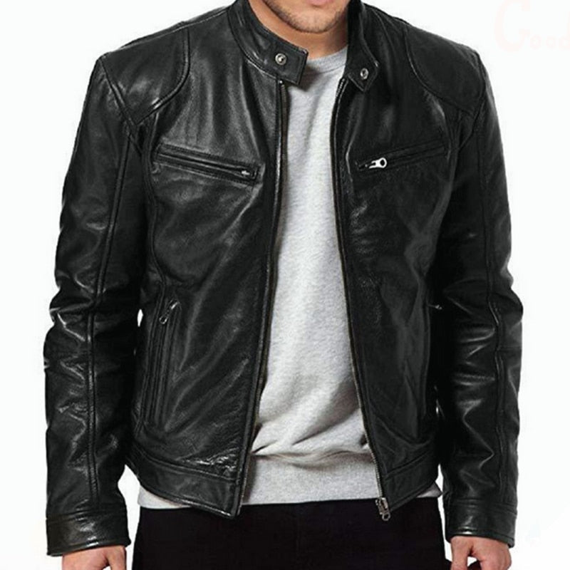 Gbolsos Autumn Male Leather JacketNew Black Brown Mens Stand Collar Coats Leather Biker Jackets Motorcycle Leather Jacket