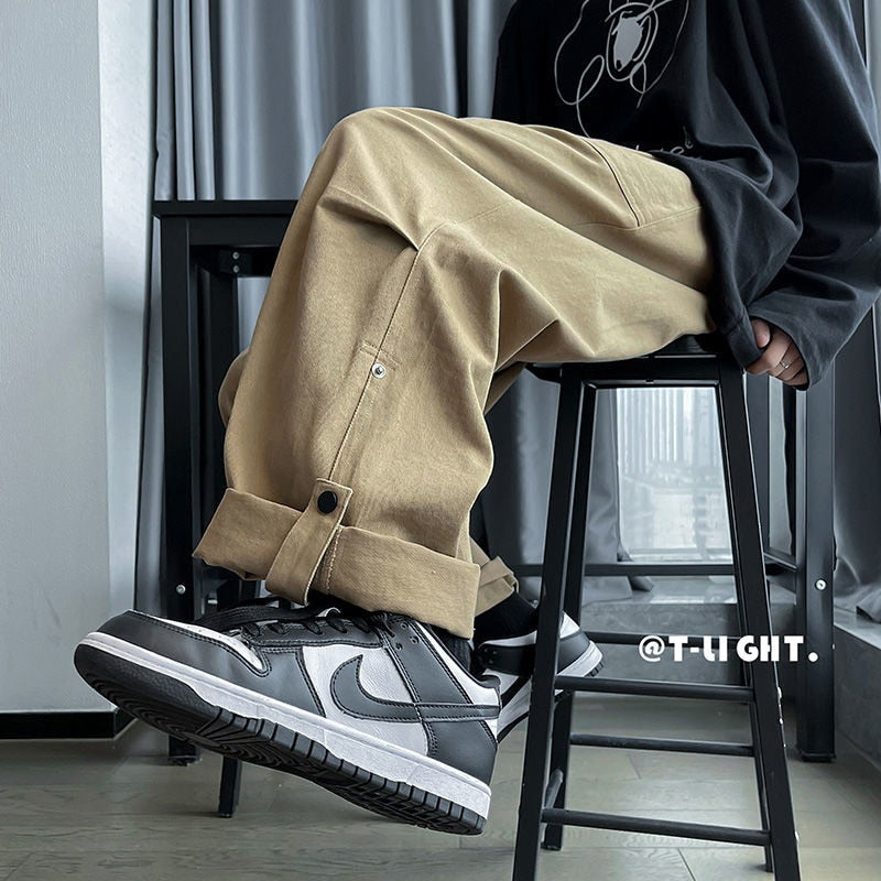 Gbolsos Solid Color Wide Leg Pants Mens Oversized Casual Fashion Streetwear Vintage Male Cargo Pants Straight Loose Trousers