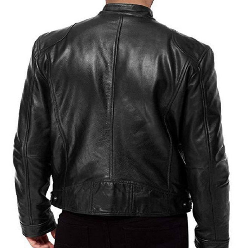 Gbolsos Autumn Male Leather JacketNew Black Brown Mens Stand Collar Coats Leather Biker Jackets Motorcycle Leather Jacket