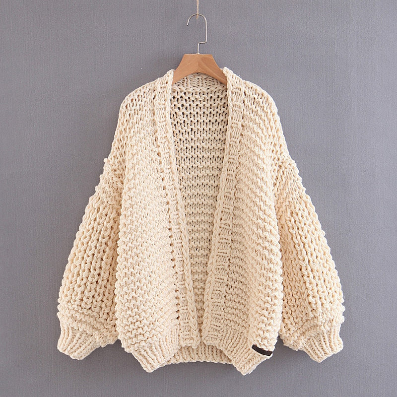 Jastie Winter Fashion Women's Cardigans Strawberry Pattern Single-Breasted V-Neck Puff Sleeve Loose Sweater кардиган