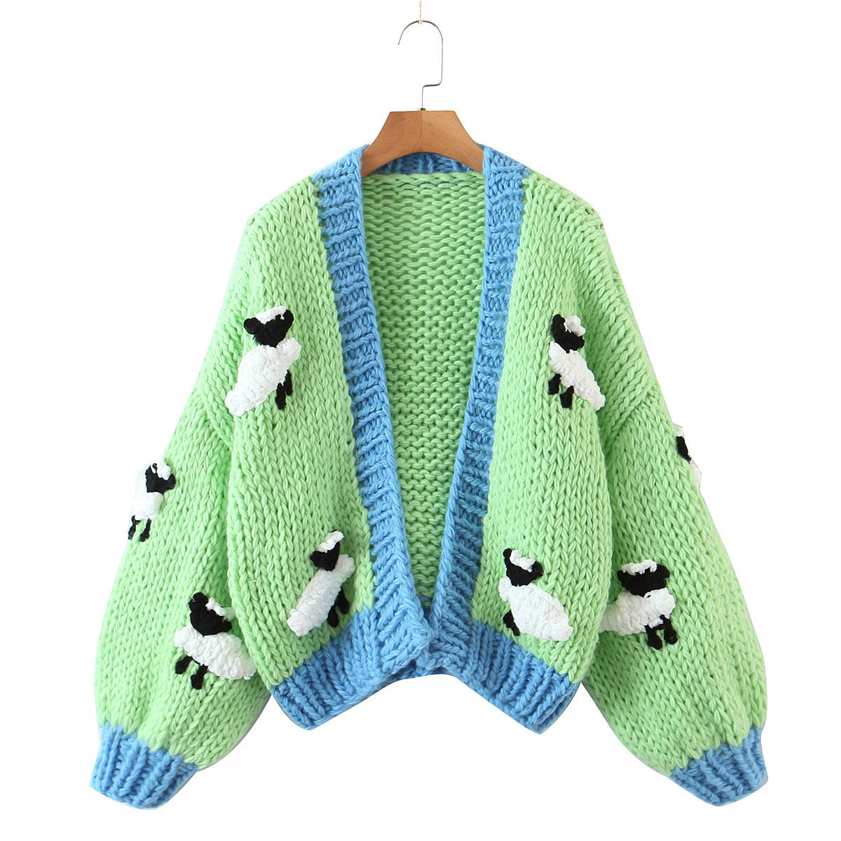 Jastie Winter Fashion Women's Cardigans Strawberry Pattern Single-Breasted V-Neck Puff Sleeve Loose Sweater кардиган