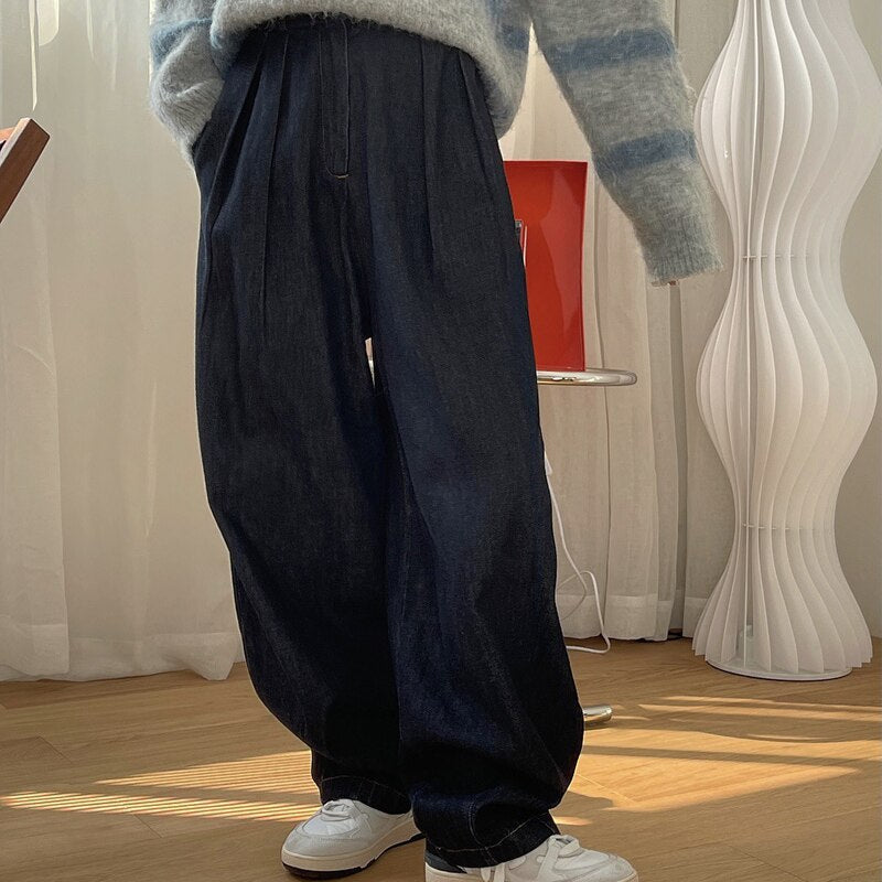 Gbolsos Autumn And Winter Women's Casual Solid Color High-rise Loose Wide-leg Jeans