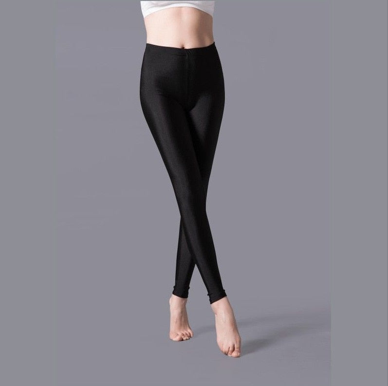 Gbolsos Women Solid Color Pants Leggings Shinny Elasticity Casual Trousers Fluorescent Spandex Candy Ankle-Length Knitted Bottom