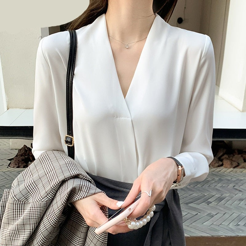 Gbolsos New Chiffon White V-neck Women's Blouses Long Sleeve Spring High Street Shirt Ladies Top Chemisier S-XXL Solid Color
