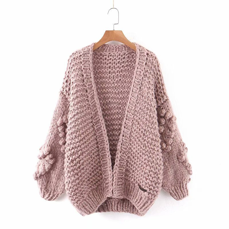 Jastie Winter Fashion Women's Cardigans Strawberry Pattern Single-Breasted V-Neck Puff Sleeve Loose Sweater кардиган