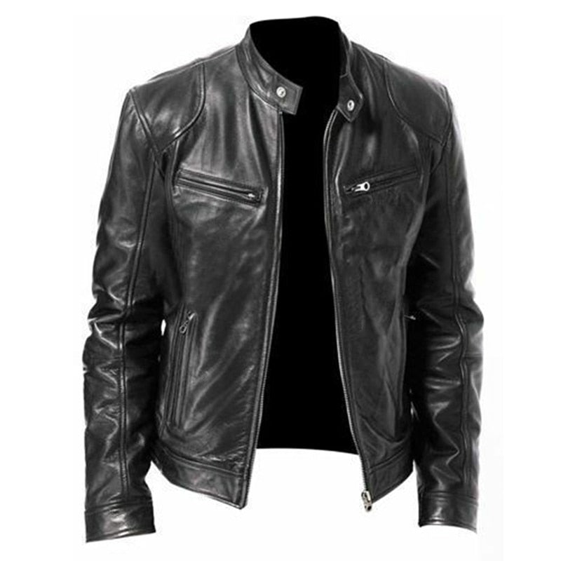 Gbolsos Autumn Male Leather JacketNew Black Brown Mens Stand Collar Coats Leather Biker Jackets Motorcycle Leather Jacket