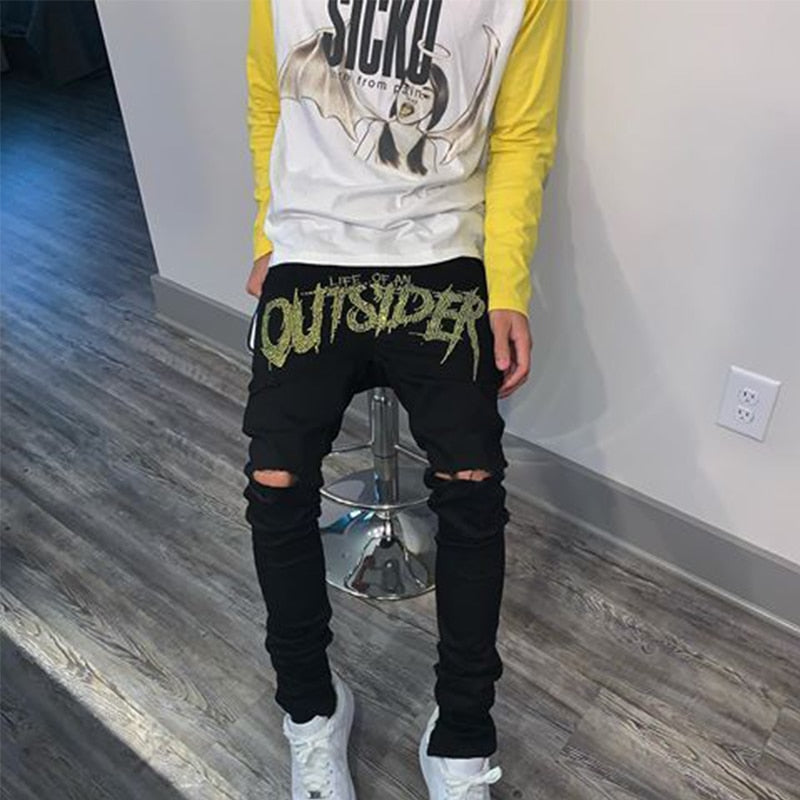 Gbolsos New Men Trend Black Ripped Jeans Fashion Street Hole Trousers Cozy Skinny Design Hot Rhinestone Stretch Soft Washed Denim Pants