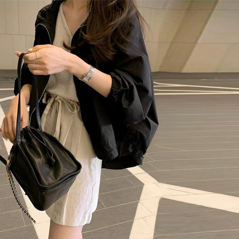 Gbolsos Hooded Summer Jackets Women Loose Pure Simple All-match Sun-proof Basic Outwear Long Sleeve White Lady Clothing Soft Minimalist