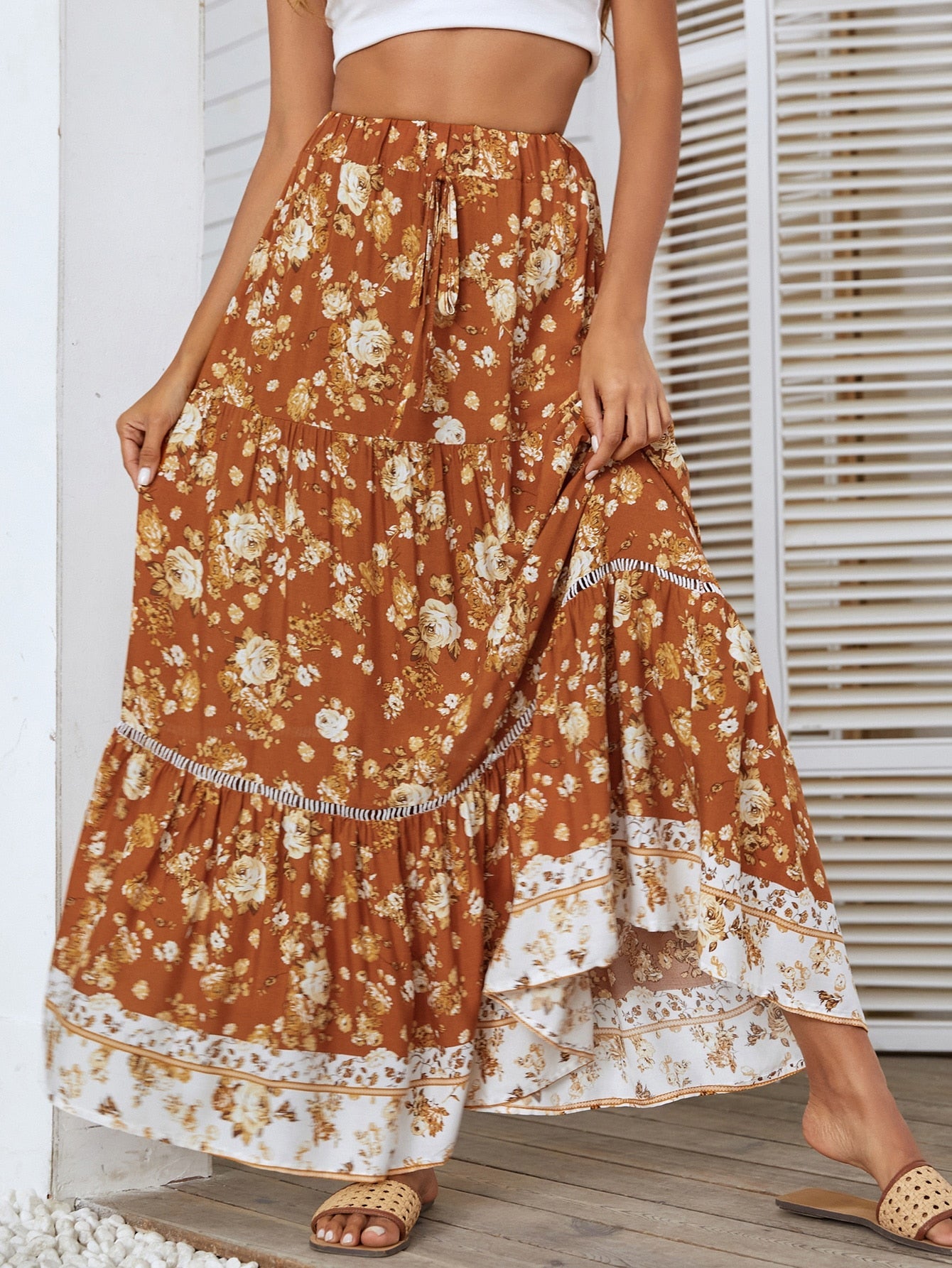 Summer Long Patchwork Print A-Line Skirt Floral Skirt Women Casual Beach Faldas Female Boho Elastic Waist Holiday Maxi Skirts