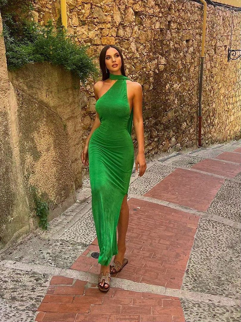 Elegant Backless Chain Draped Green Maxi Dress for Women Summer Sexy Halter Sleeveless Party Club Vestido Beach Long Dresses