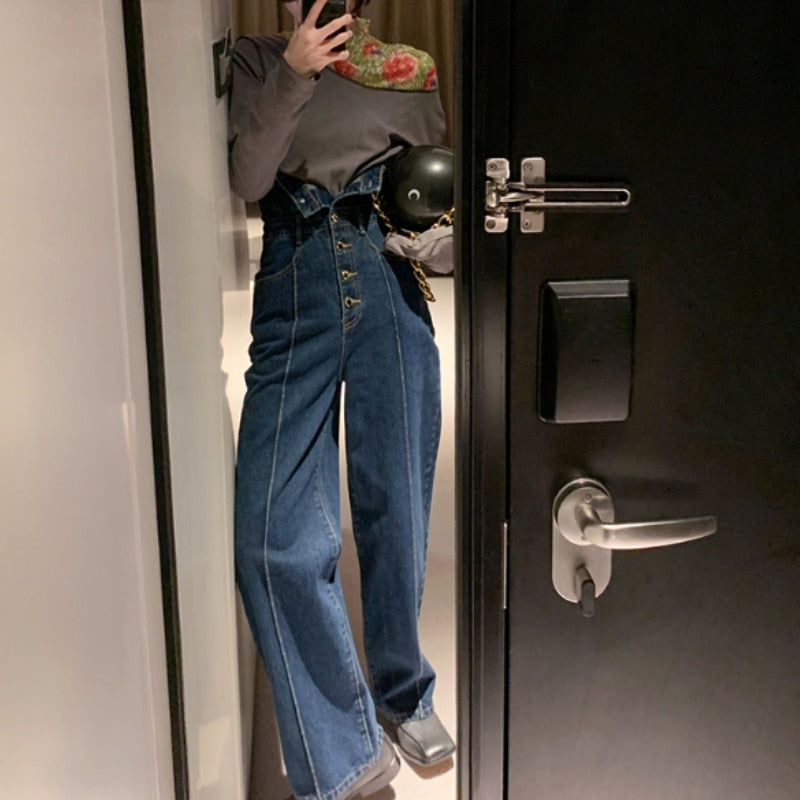 Gbolsos Elegant Korean Jeans Women Winter New High-Waist French Designer Wide-legged Pants Blue Casual Designer Long Pants Autumn