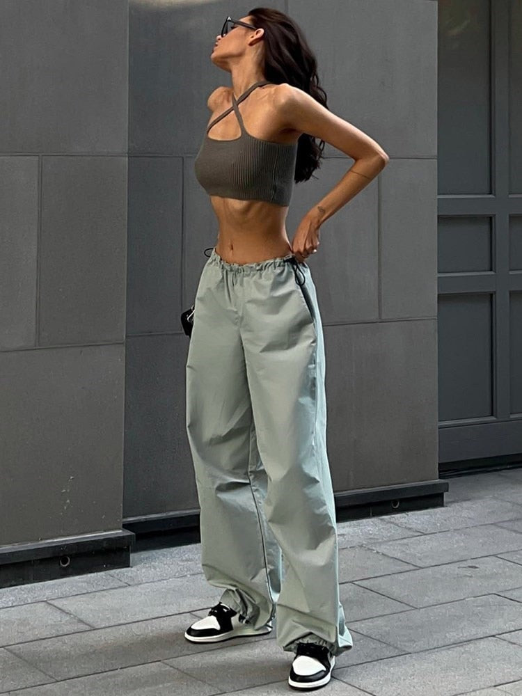 Gbolsos Fashion High Street Cargo Pants Women Casual Sweatpants Solid Loose Trousers Drawstring Waist Wide Leg Pants Y2K Party