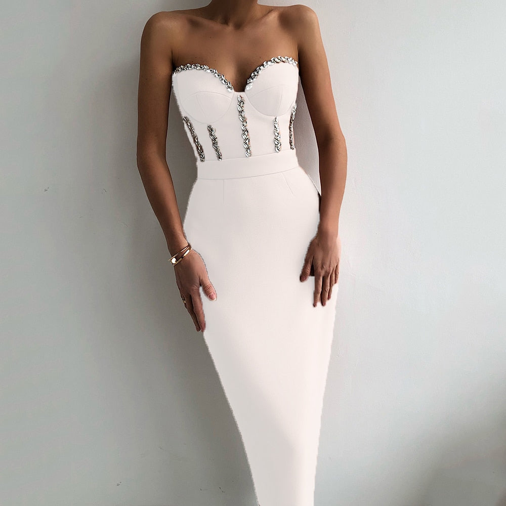 Gbolsos Sexy Strapless Women Dress Bandage Bodycon New Elegant Beading Party Evening Club Midi Dresses Summer Autumn Clothes