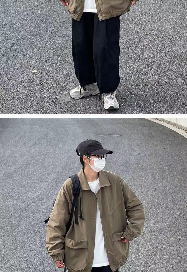 Men's Japanese Vintage Lapel Collar Cargo Jackets Work Clothes Harajuku Loose Casual Coats Solid Color Outerwear M-2XL
