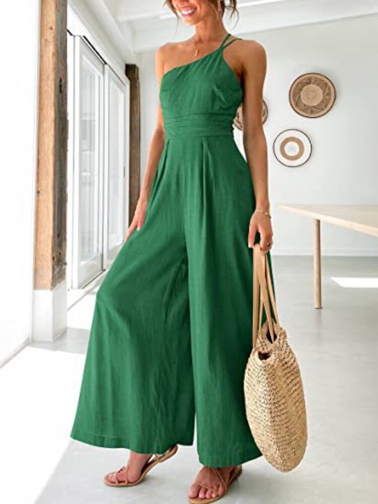 Summer New Women's Jumpsuit Single Shoulder Strap Pleated High Waist Casual Wide Leg Jumpsuit Elegant Hakama Jumpsuit Women