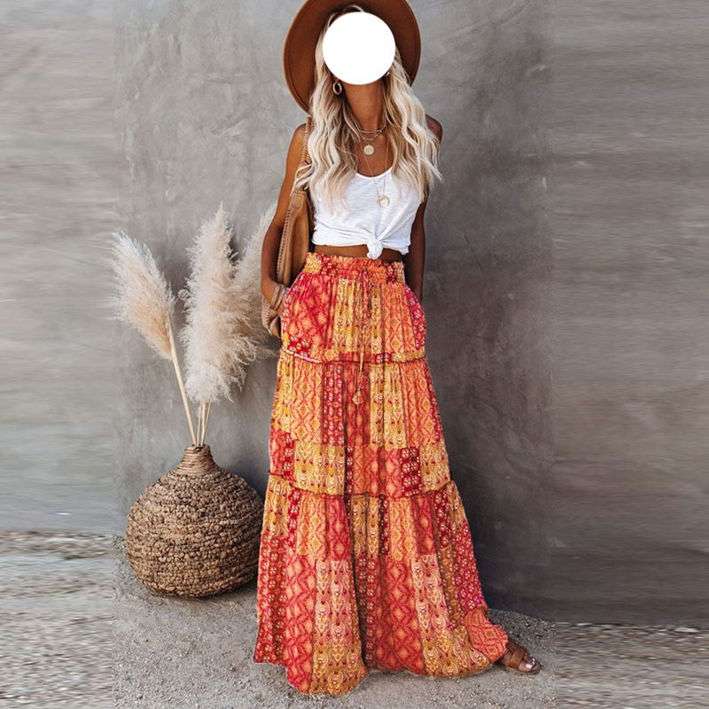 Summer Long Patchwork Print A-Line Skirt Floral Skirt Women Casual Beach Faldas Female Boho Elastic Waist Holiday Maxi Skirts