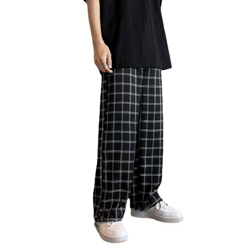 Gbolsos Plaid Wide Leg Trouser Belt Chain Sleepwear Men's Wear Summer Hip Hop Casual Pants Fashion Men's Pants