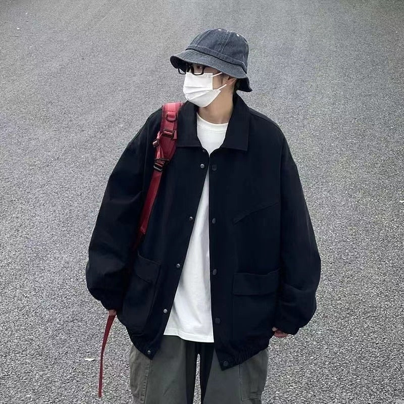 Men's Japanese Vintage Lapel Collar Cargo Jackets Work Clothes Harajuku Loose Casual Coats Solid Color Outerwear M-2XL