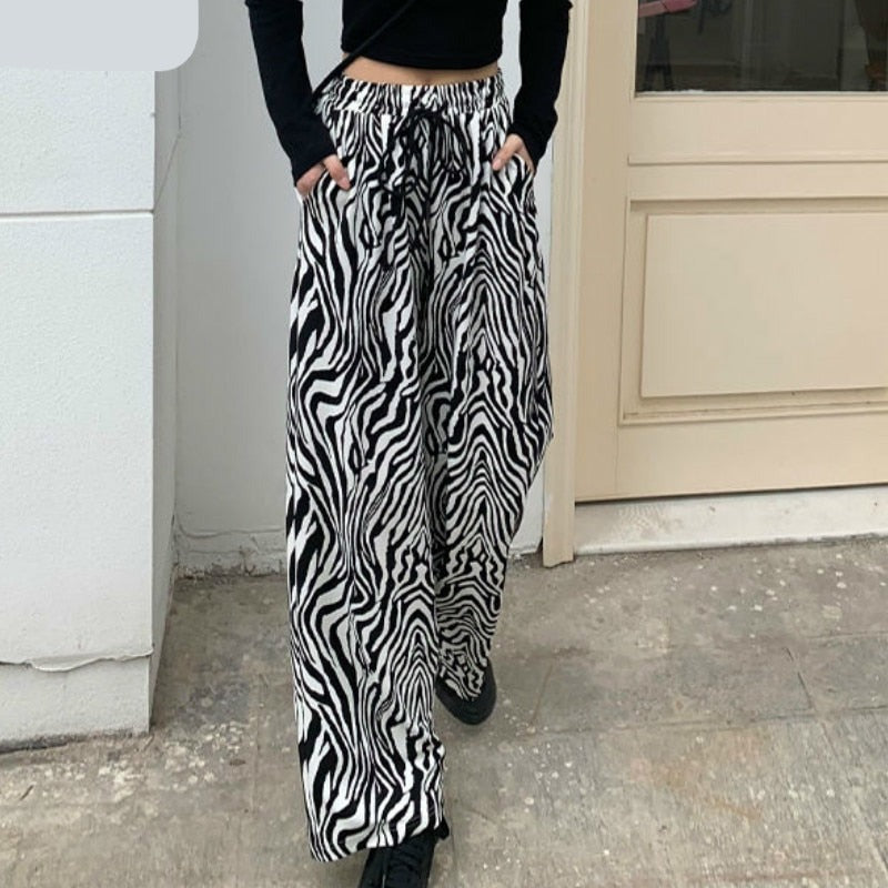 Gbolsos Pants Women Lace-up Adjustable Zebra Pattern Striped Fashionable Loose Leisure Stylish Straight Trousers Womens Comfortable Chic