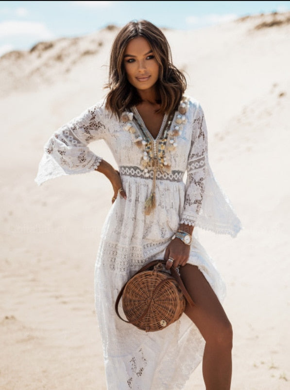 Summer Elegant Dresses for Women Tunic Fashion Robe Longue Beach Dress Sexy Lace Long Sleeve White Robe Vestido Pareos