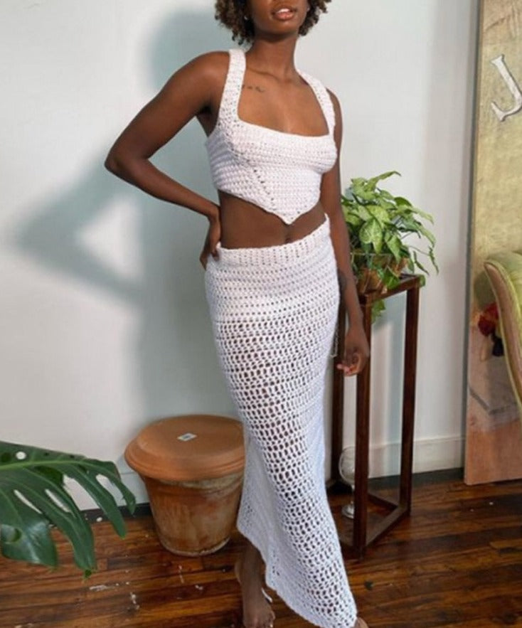 Gbolsos Purple Knitted 2 Piece Summer Set Women Sexy Crochet Vacation Beach Outfits Hollow Out Bandage Long Skirt And Cropped Set