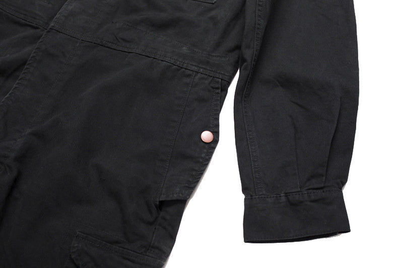 Gbolsos Men's wear multi-pockets workwear jumpsuit black green single breasted loose long sleeve turn down collar trousers 9Y4105