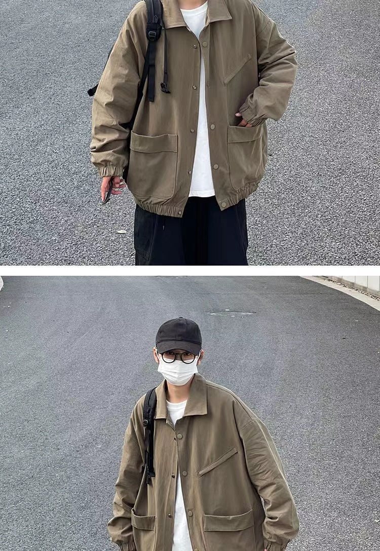 Men's Japanese Vintage Lapel Collar Cargo Jackets Work Clothes Harajuku Loose Casual Coats Solid Color Outerwear M-2XL