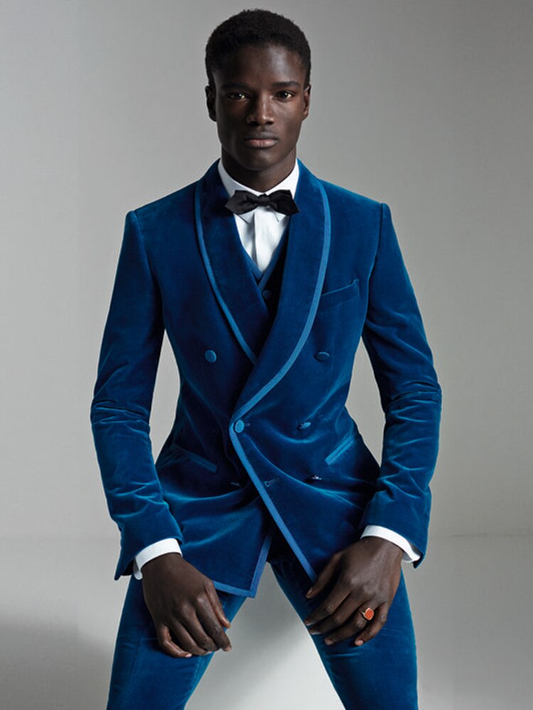 Gbolsos Double Breasted Velvet Suits for Men Custom 3 Piece Slim Fit African Fashion Custom Groom Wedding Tuxedo Prom Wedding Costume
