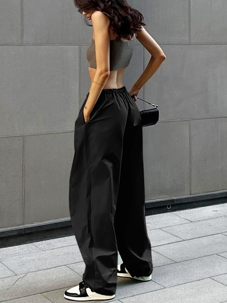 Gbolsos Fashion High Street Cargo Pants Women Casual Sweatpants Solid Loose Trousers Drawstring Waist Wide Leg Pants Y2K Party