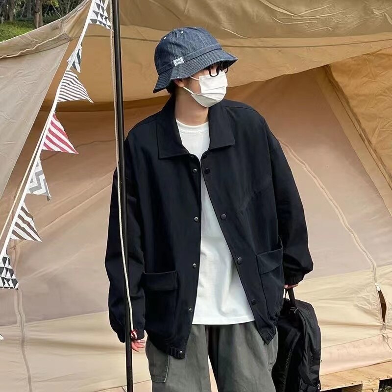 Men's Japanese Vintage Lapel Collar Cargo Jackets Work Clothes Harajuku Loose Casual Coats Solid Color Outerwear M-2XL