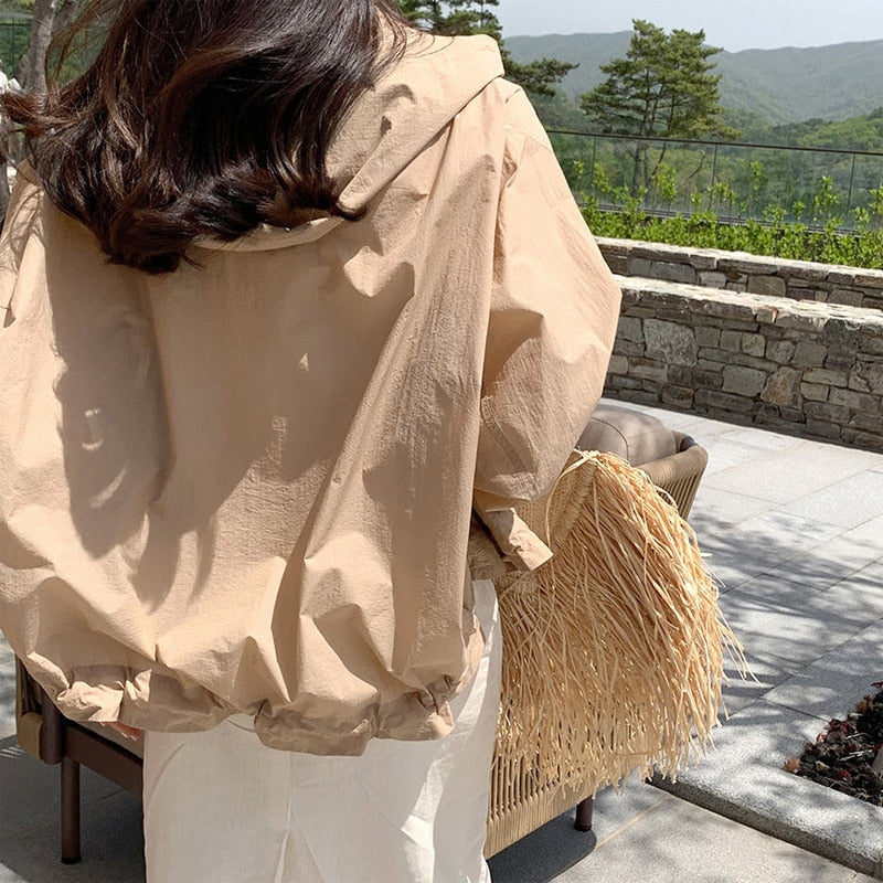 Gbolsos Hooded Summer Jackets Women Loose Pure Simple All-match Sun-proof Basic Outwear Long Sleeve White Lady Clothing Soft Minimalist