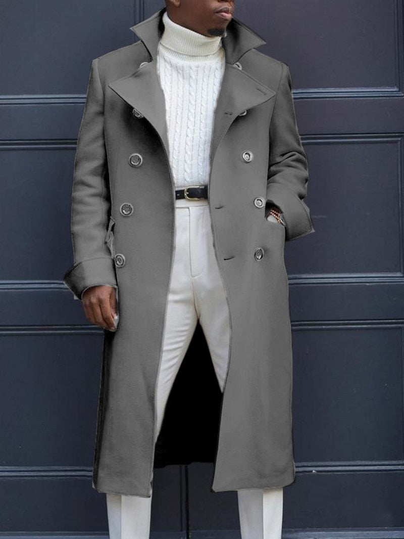 Gbolsos Solid Casual Woolen Trench Coat for Men Coat 2023 Autumn/winter Slim Fitting Double Breasted Trench Jacket with Extended Length