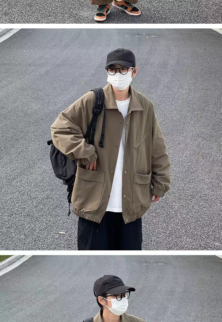 Men's Japanese Vintage Lapel Collar Cargo Jackets Work Clothes Harajuku Loose Casual Coats Solid Color Outerwear M-2XL